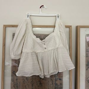 Free People White Smocked Peplum Top with Puff Sleeves